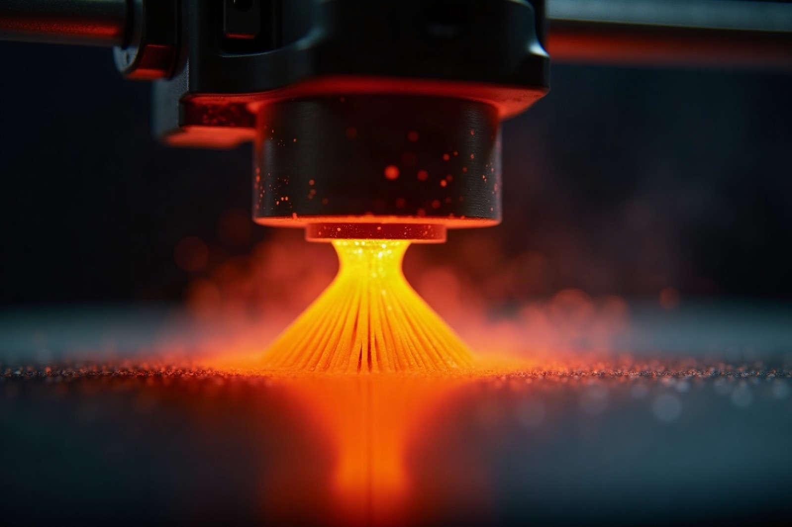 3D yazıcı nozülünden akkor turuncu filament akıyor